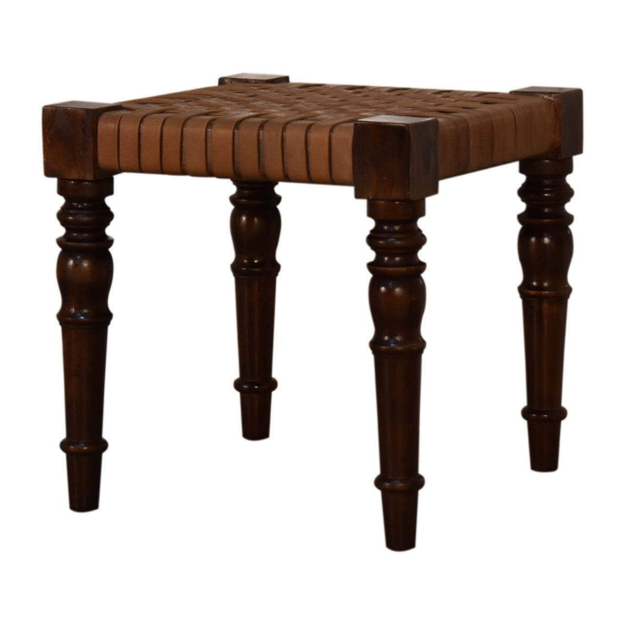 Solid Wood Woven Leather Footstool