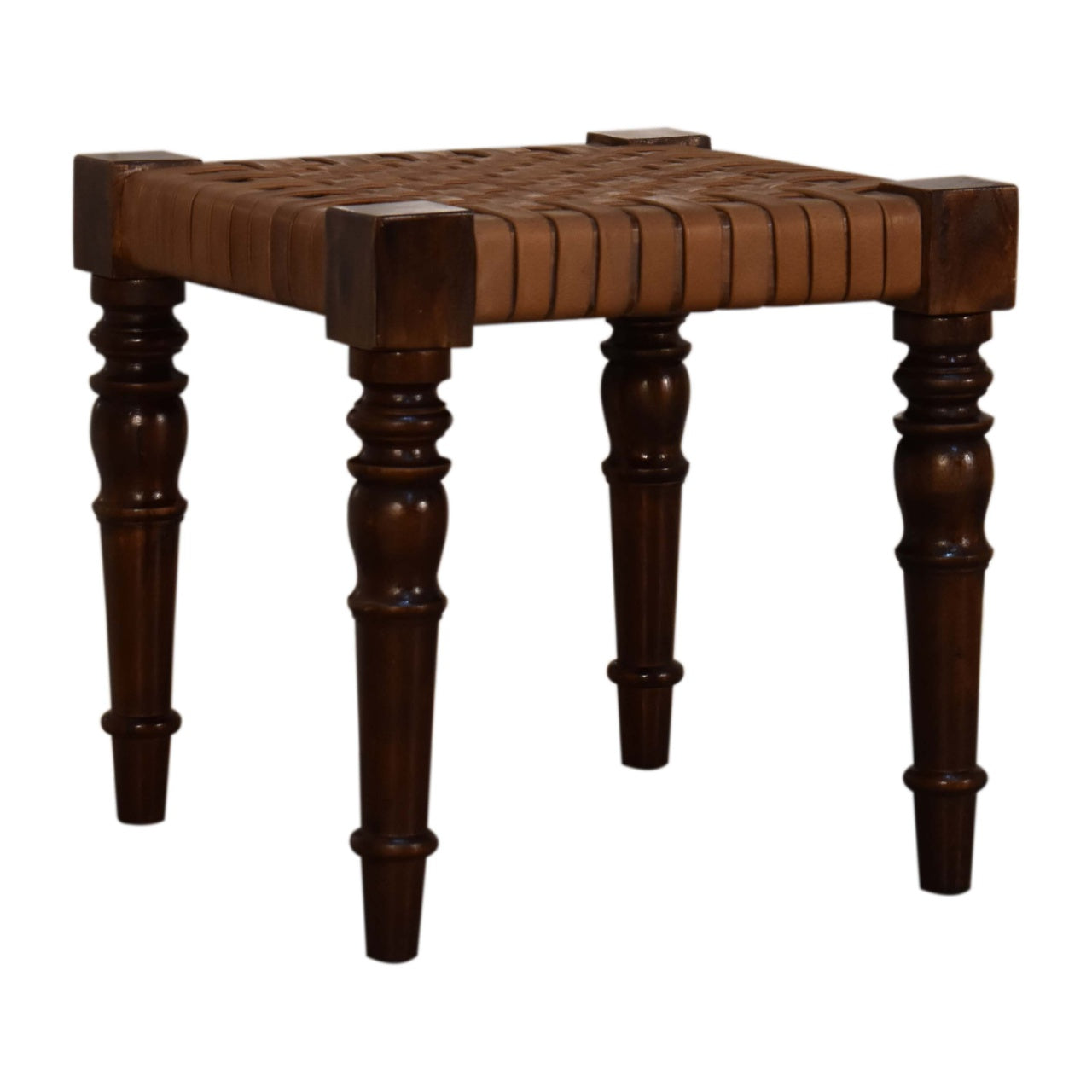 Solid Wood Woven Leather Footstool