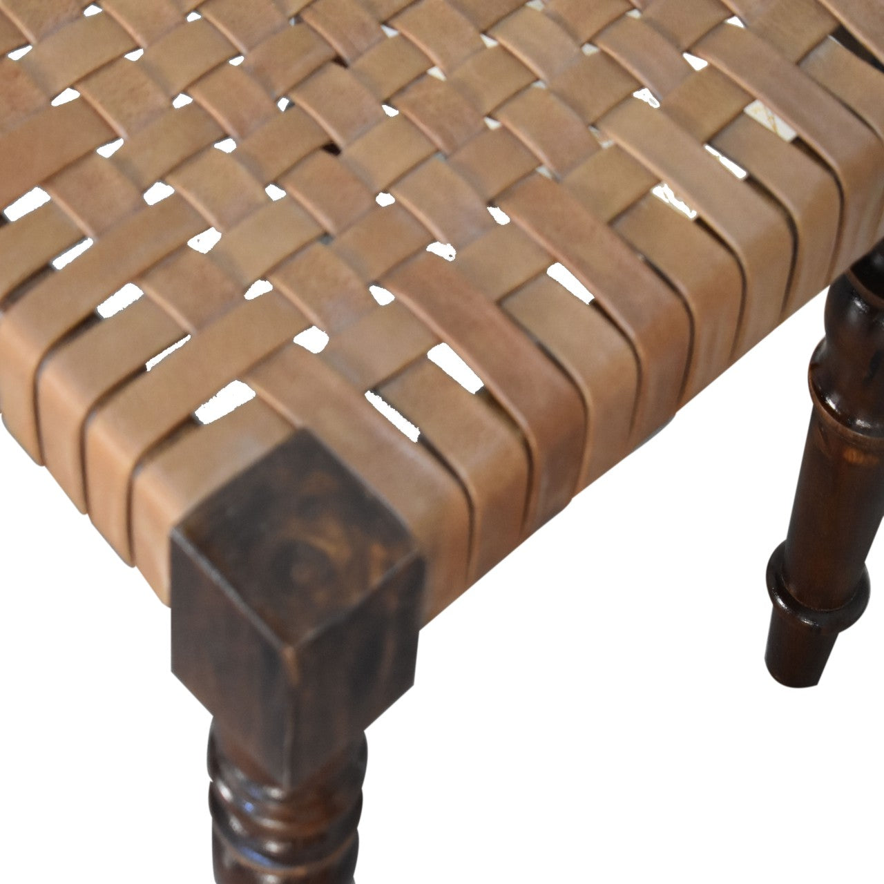 Solid Wood Woven Leather Footstool