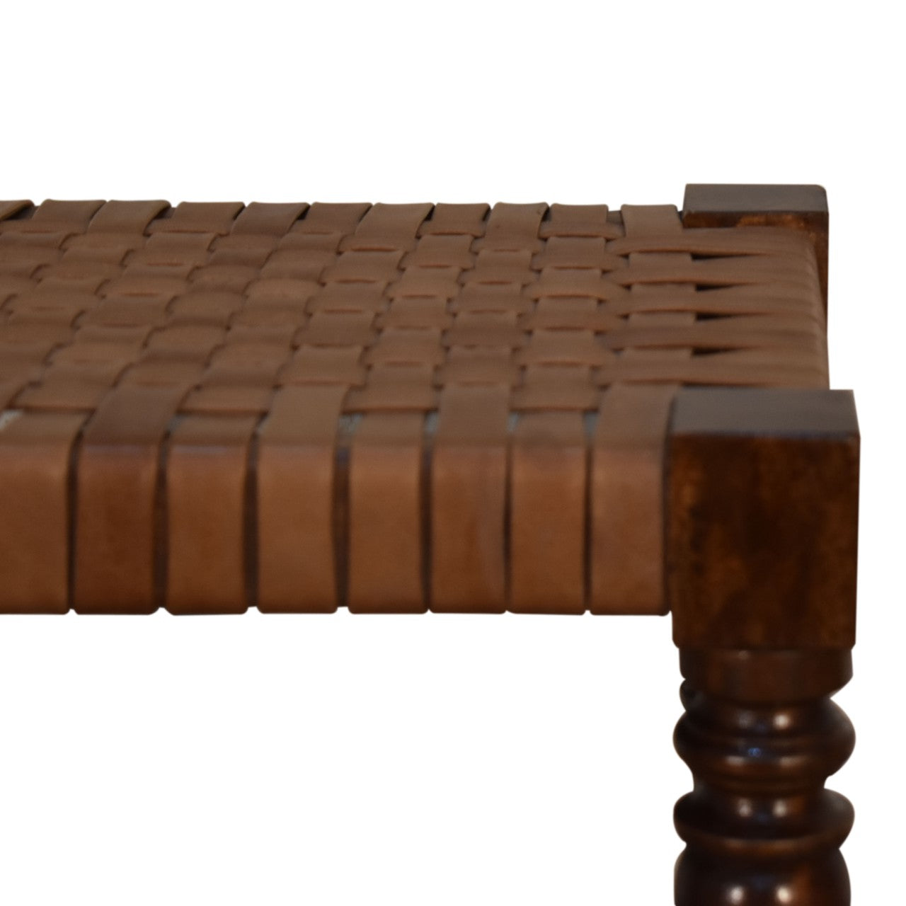 Solid Wood Woven Leather Footstool