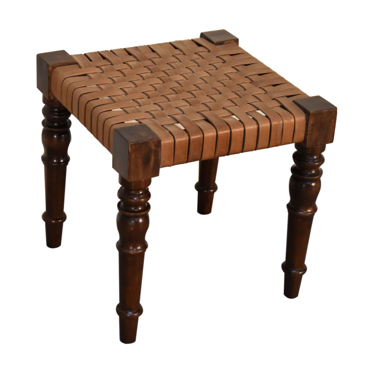 Solid Wood Woven Leather Footstool