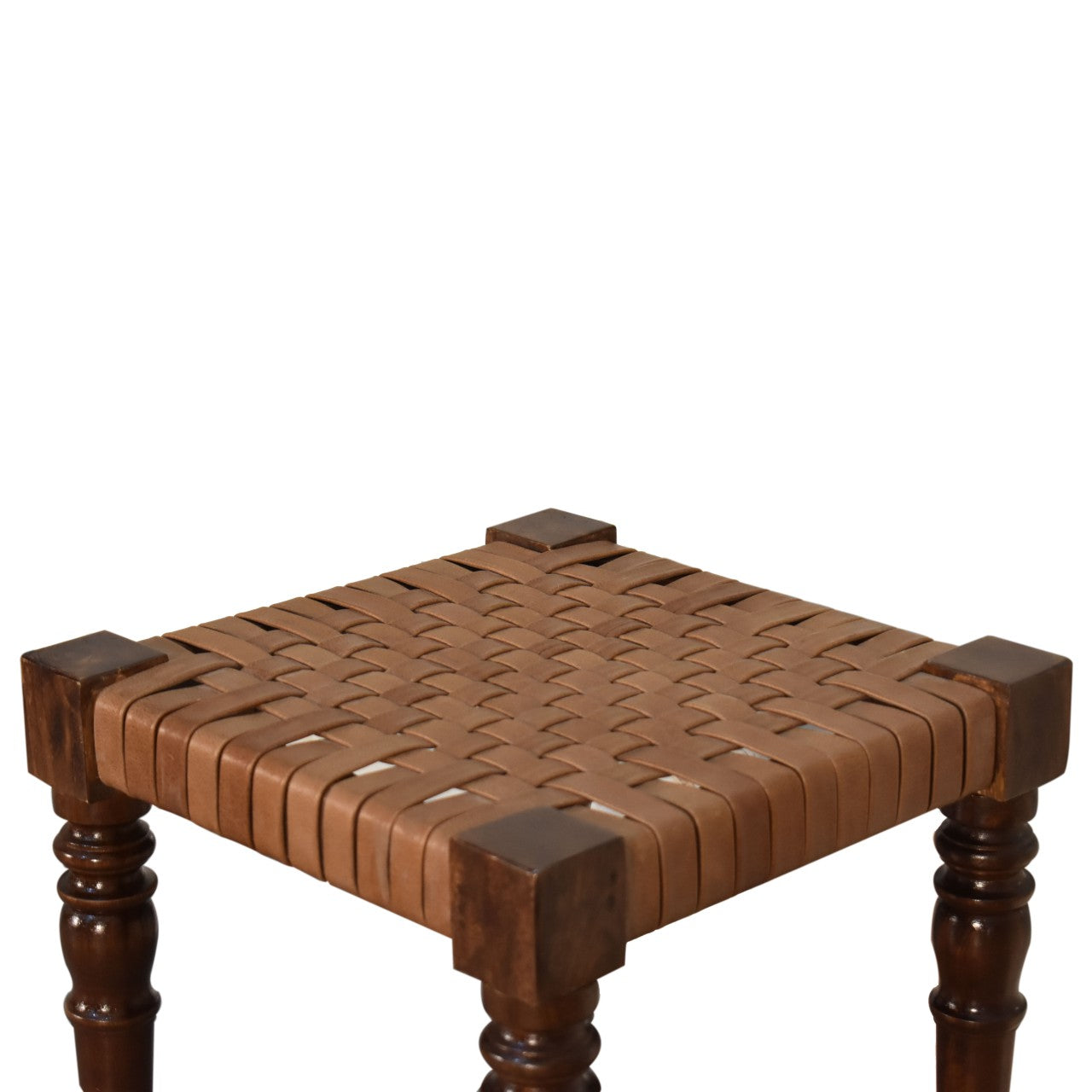 Solid Wood Woven Leather Footstool