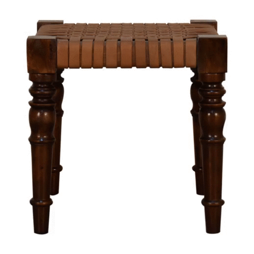 Solid Wood Woven Leather Footstool