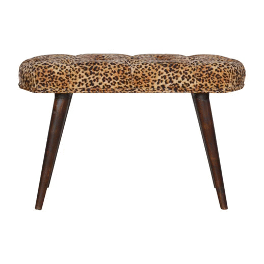 Solid Wood Leopard Print Cotton Velvet Deep Button Bench