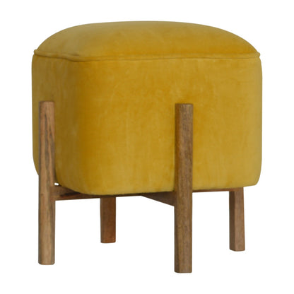 Solid Wood Mustard Velvet Footstool with Solid Wood Legs