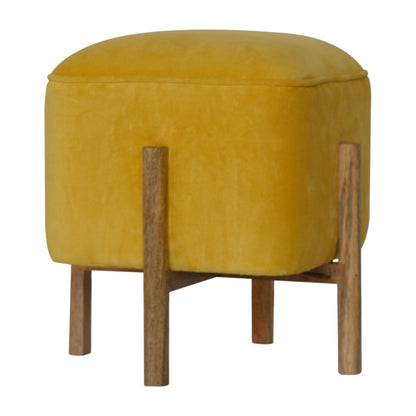 Solid Wood Mustard Velvet Footstool with Solid Wood Legs