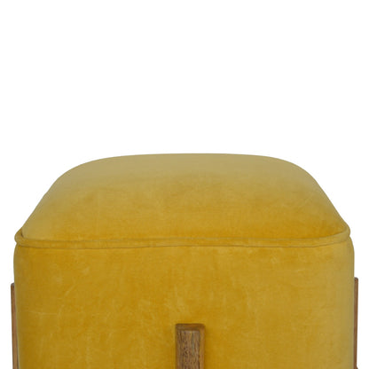 Solid Wood Mustard Velvet Footstool with Solid Wood Legs