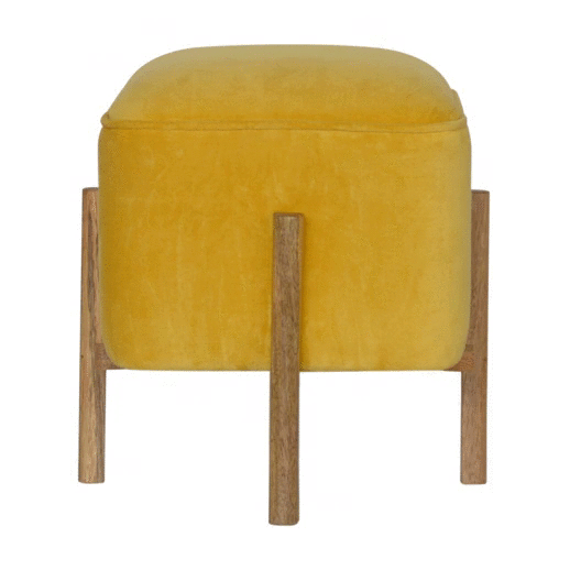 Solid Wood Mustard Velvet Footstool with Solid Wood Legs
