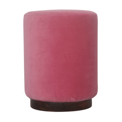 Solid Wood Pink Velvet Footstool with Wooden Base