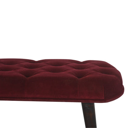 Solid Wood Wine Red Velvet Deep Button Bench