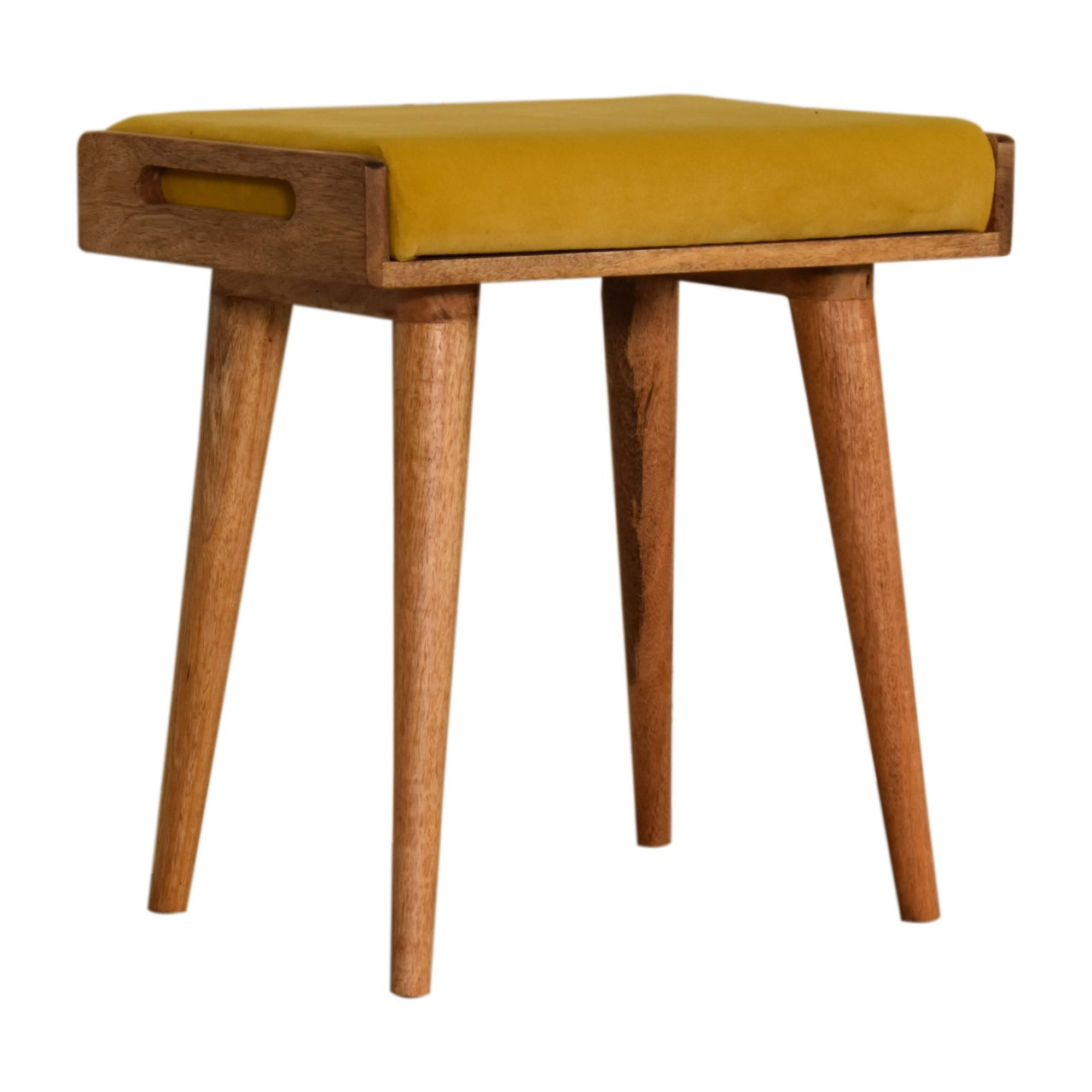 Solid Wood Mustard Velvet Tray Style Footstool