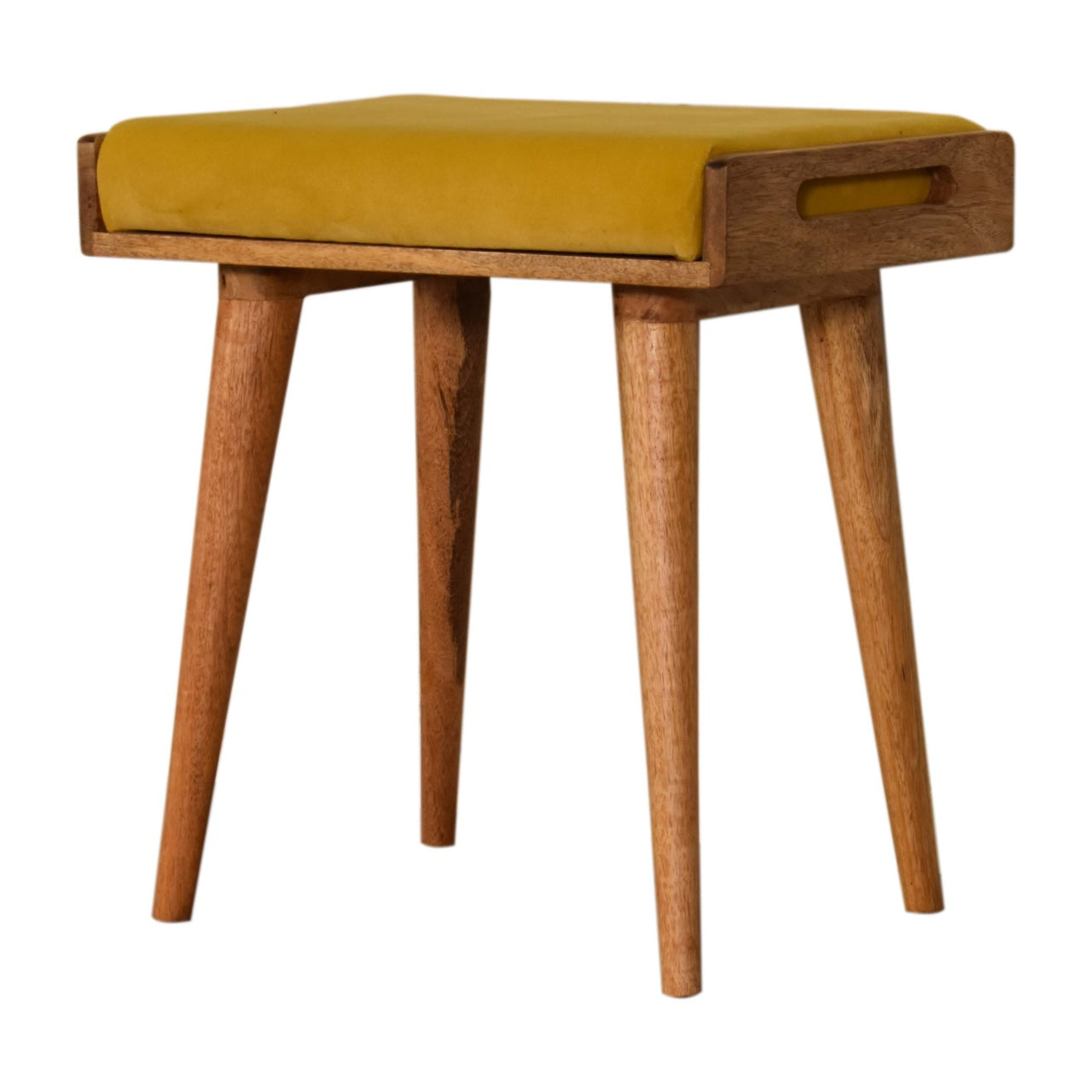 Solid Wood Mustard Velvet Tray Style Footstool