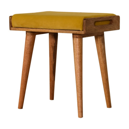 Solid Wood Mustard Velvet Tray Style Footstool