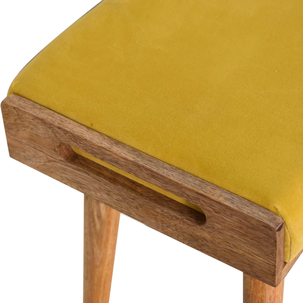 Solid Wood Mustard Velvet Tray Style Footstool
