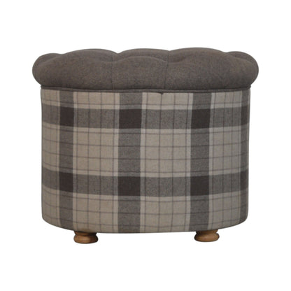Solid Wood Deep Button Round Checked Footstool
