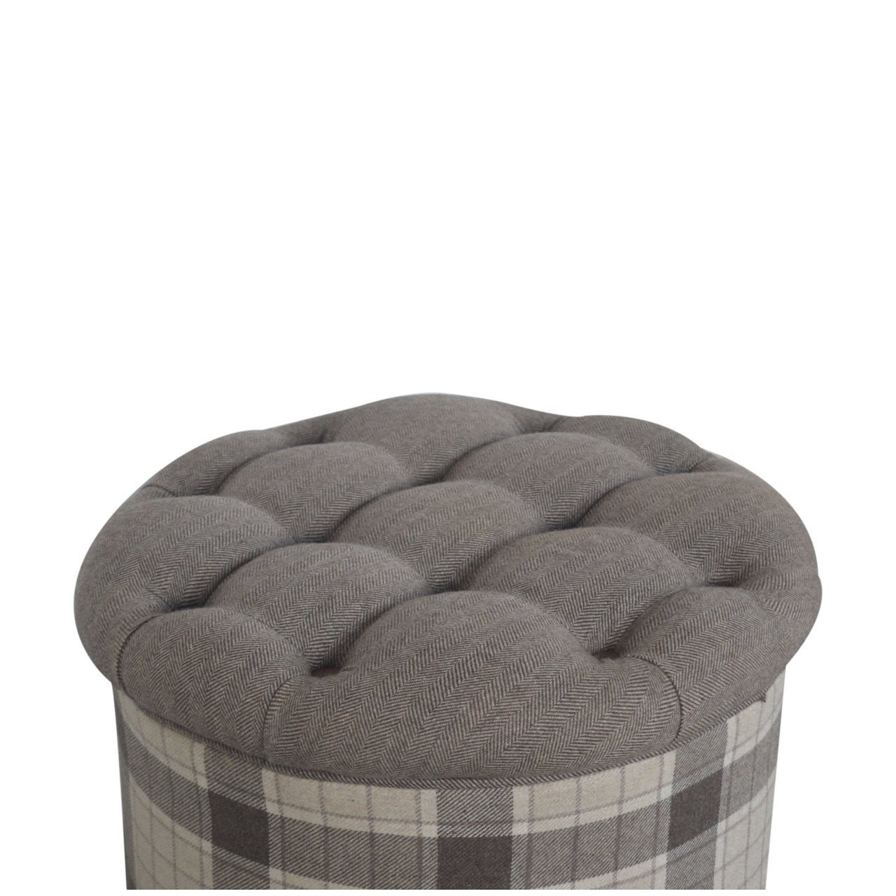 Solid Wood Deep Button Round Checked Footstool