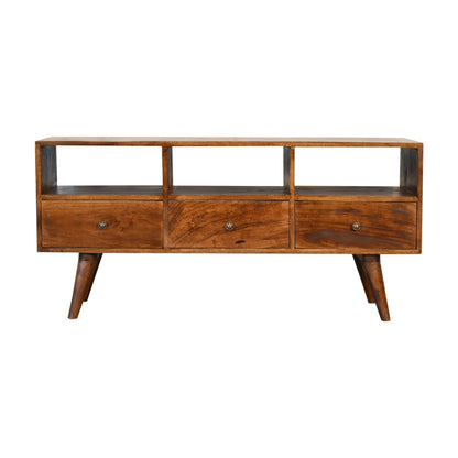 chestnut nordic style tv unit with 3 drawers