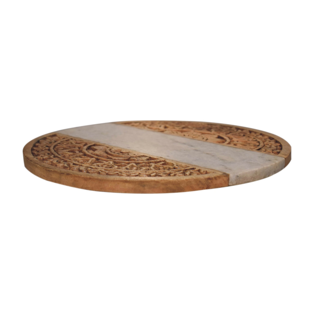 round marble and carved wood chopping board