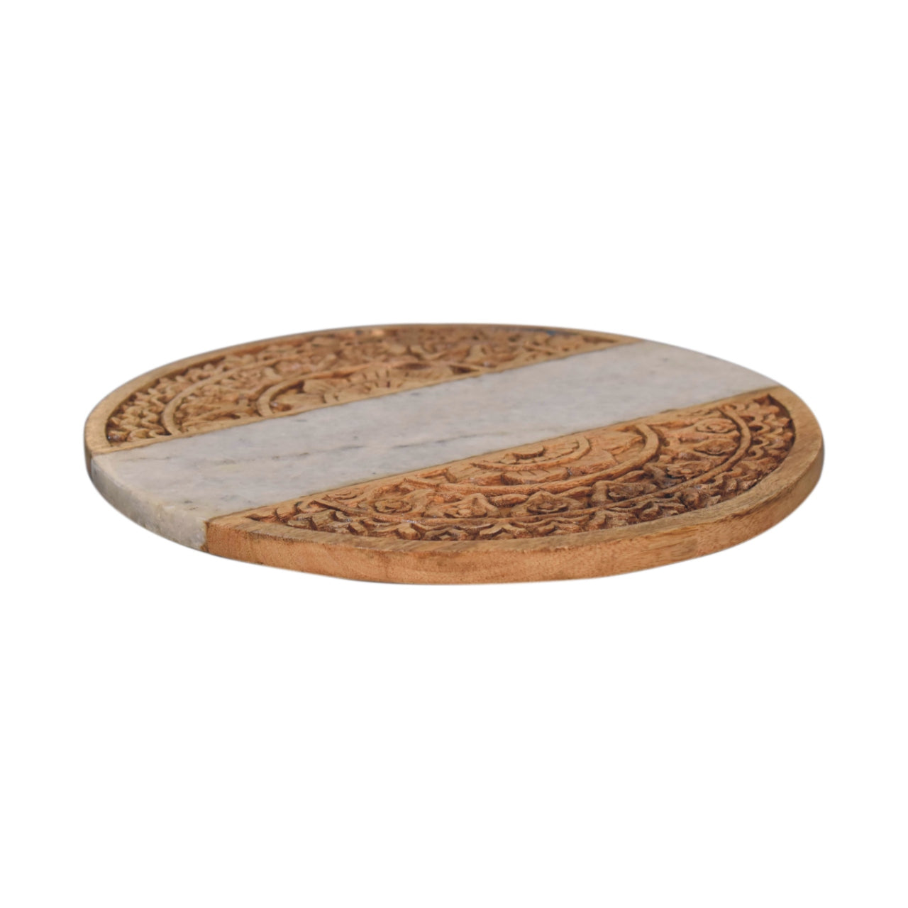 round marble and carved wood chopping board