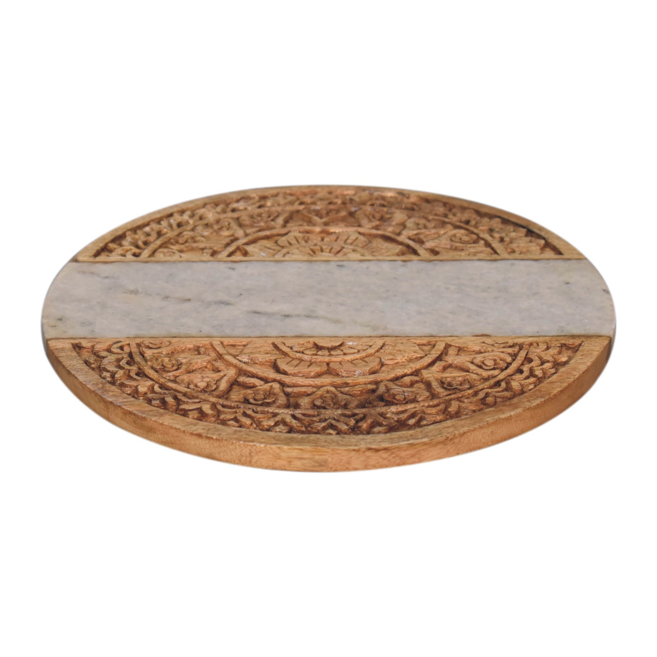 round marble and carved wood chopping board