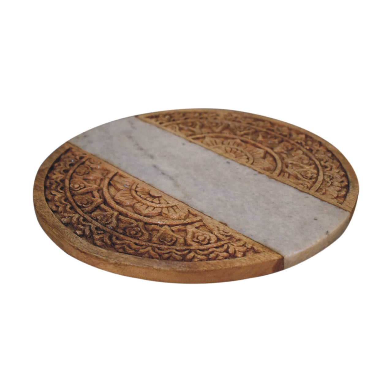 round marble and carved wood chopping board