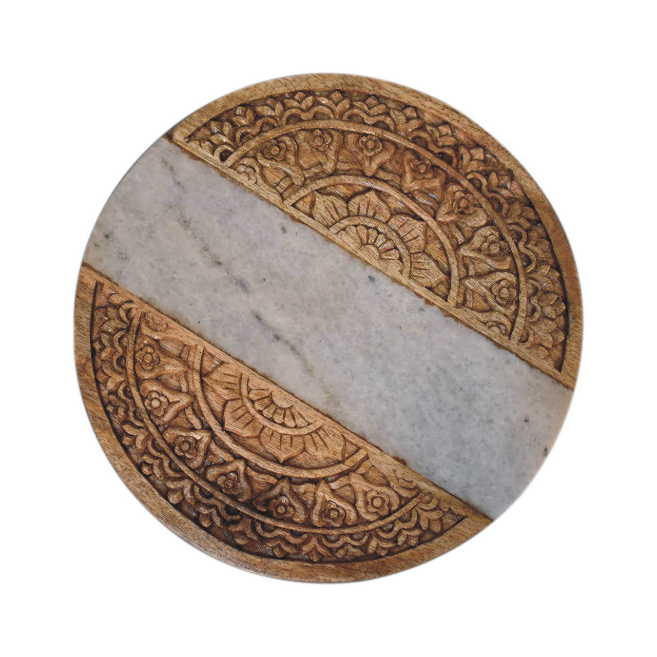 round marble and carved wood chopping board