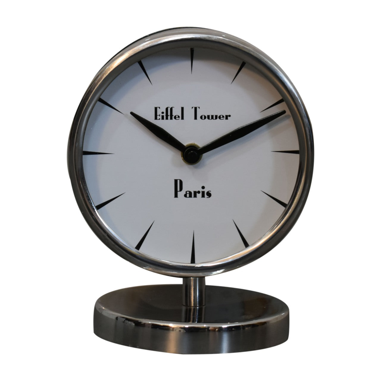 round chrome clock with white face
