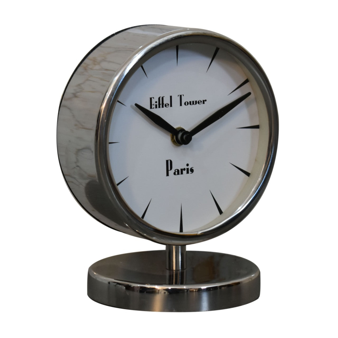 round chrome clock with white face