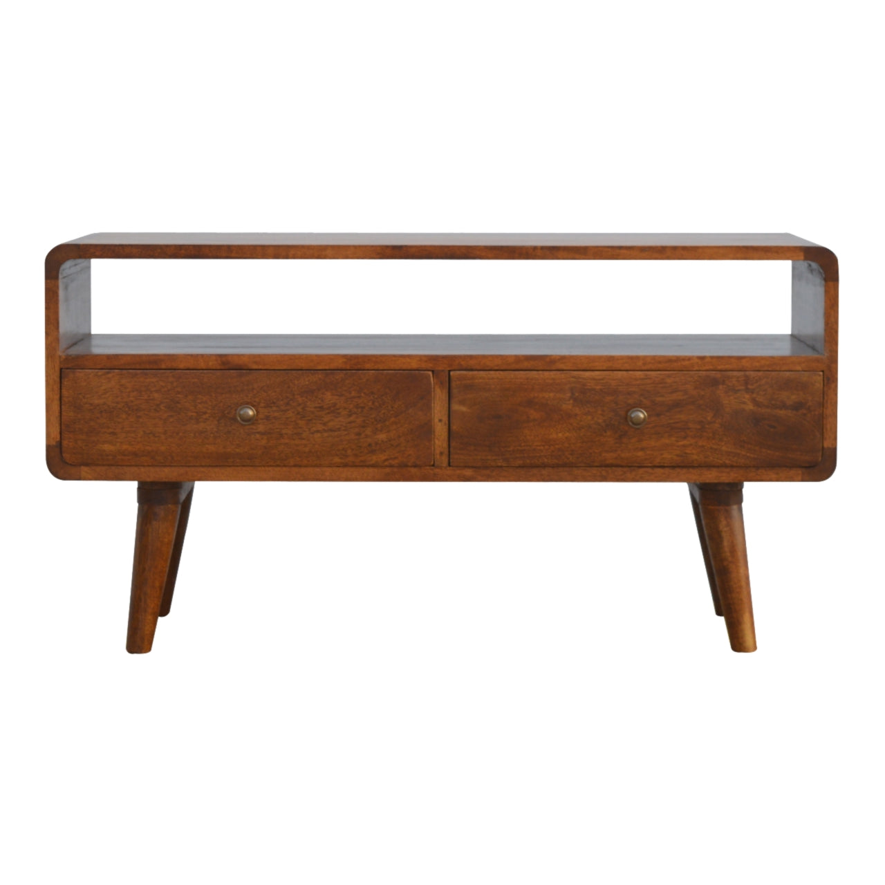 Solid Wood Curved Chestnut TV Stand with 2 Drawers