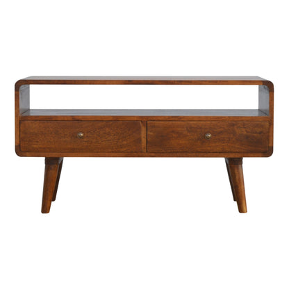 Solid Wood Curved Chestnut TV Stand with 2 Drawers