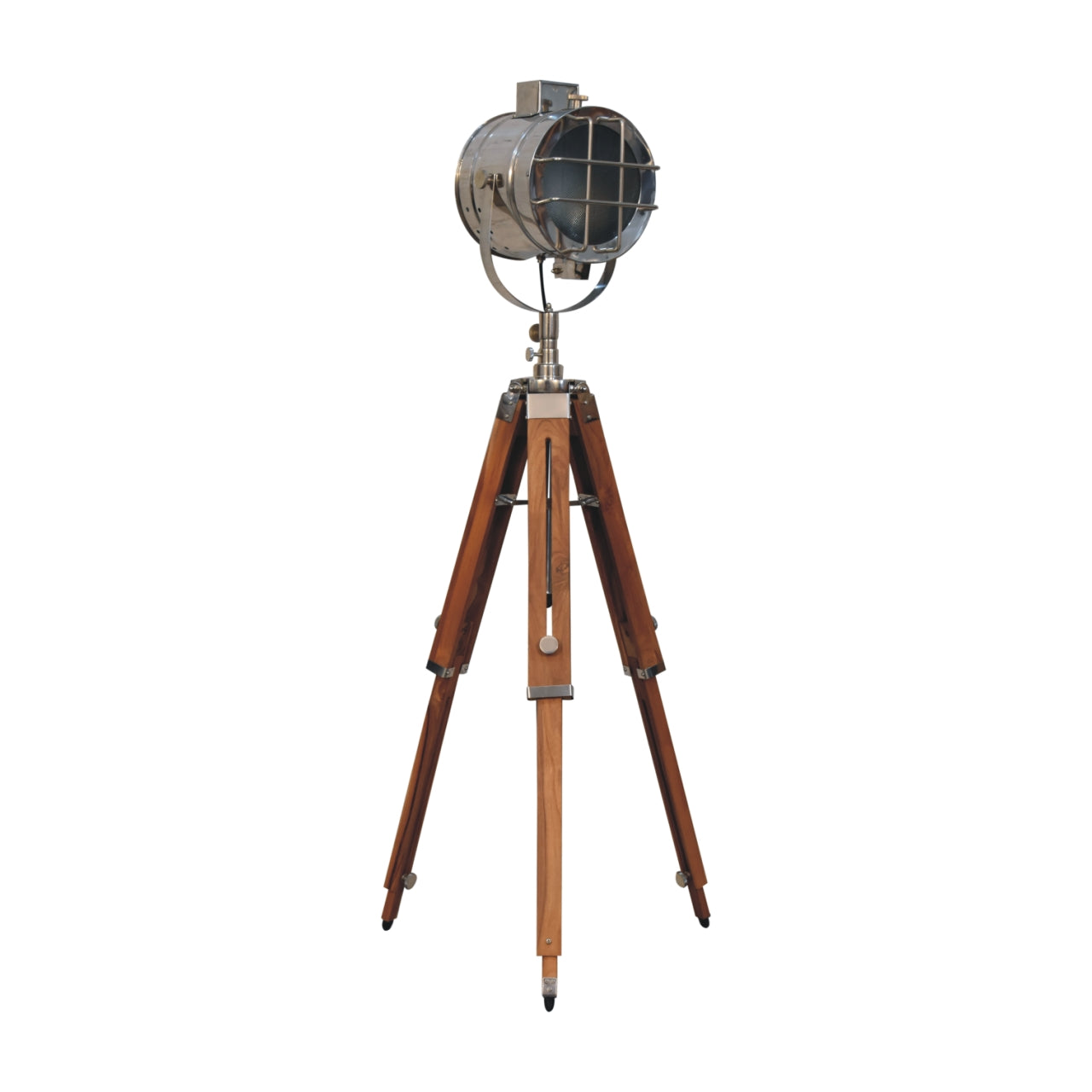 caged chrome tripod fold spotlight floor lamp