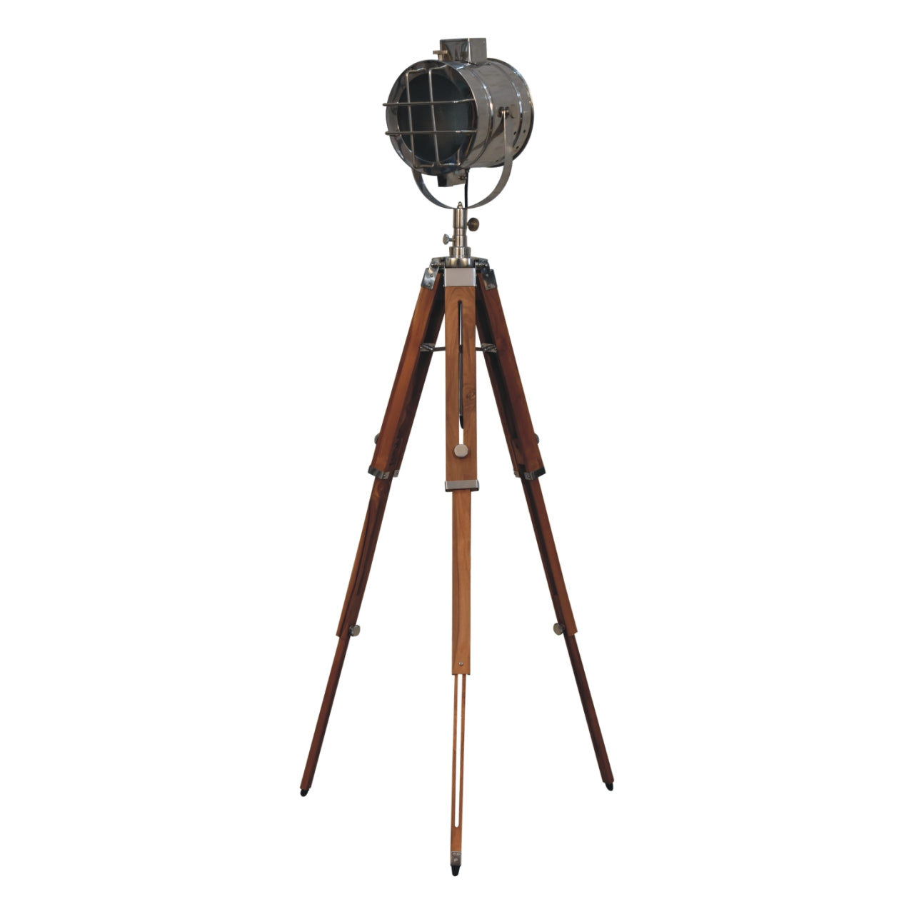 caged chrome tripod fold spotlight floor lamp