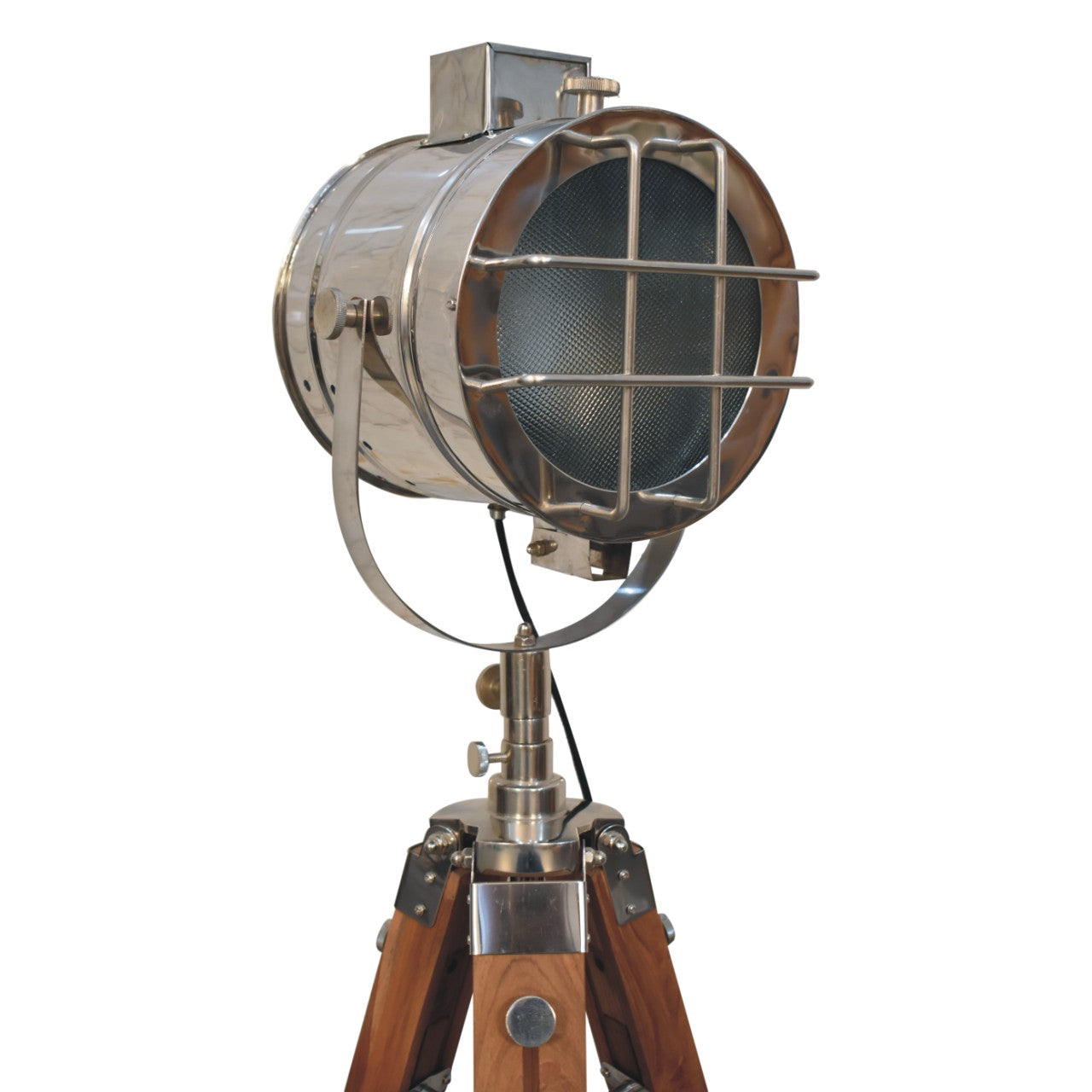 caged chrome tripod fold spotlight floor lamp