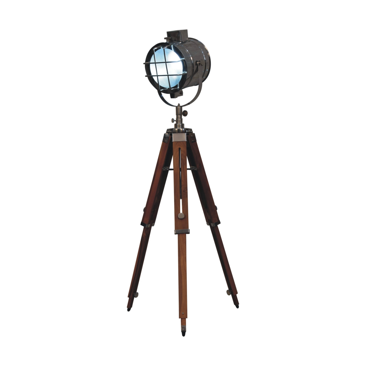 caged chrome tripod fold spotlight floor lamp