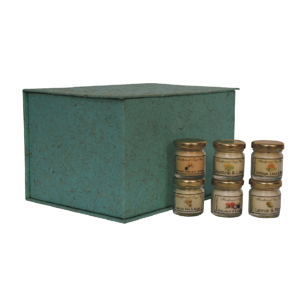 mini candle set of 6 honeysuckle jasmine jasmine lime orange lime basil white tea sage grapefuit mangosteen and lemon pine