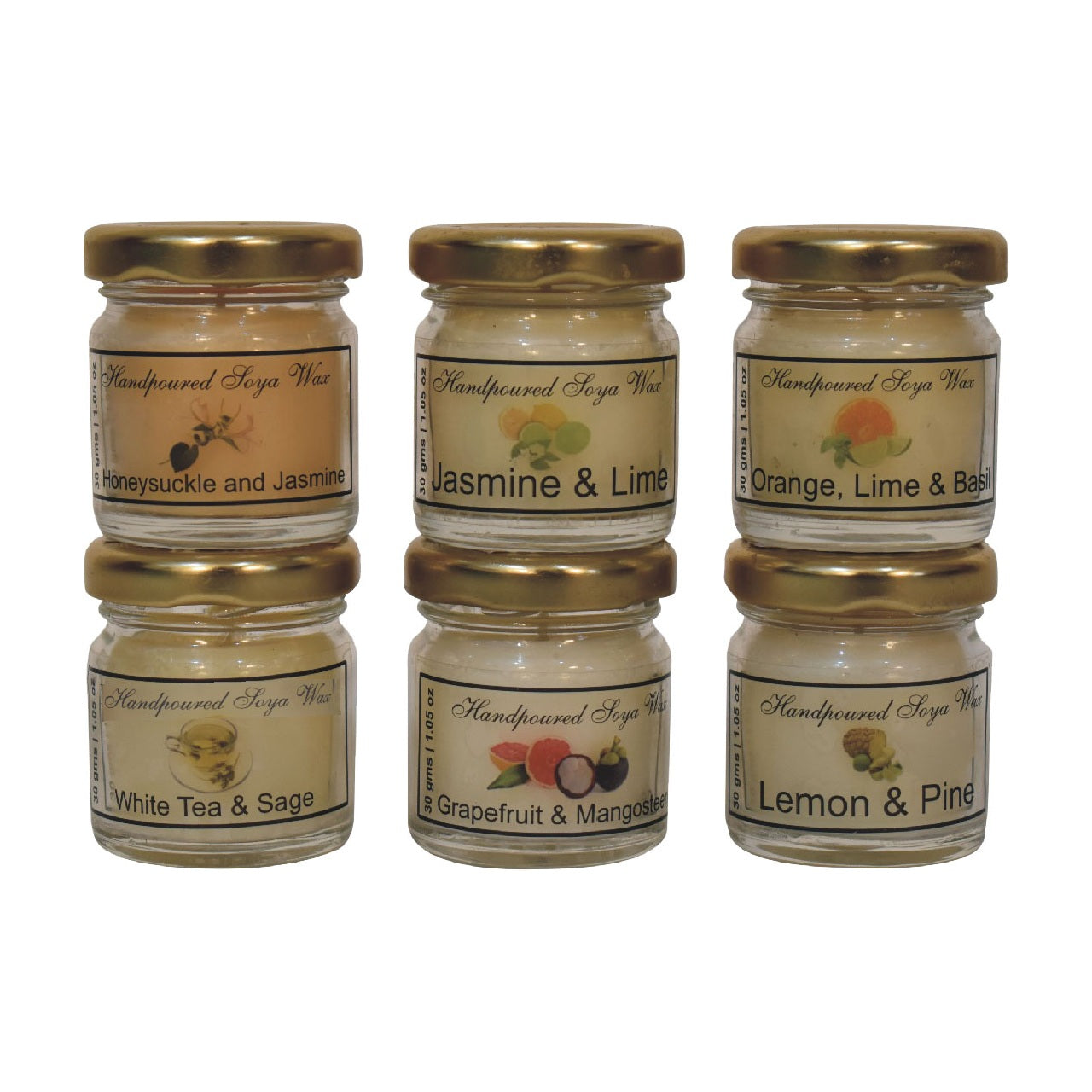 mini candle set of 6 honeysuckle jasmine jasmine lime orange lime basil white tea sage grapefuit mangosteen and lemon pine