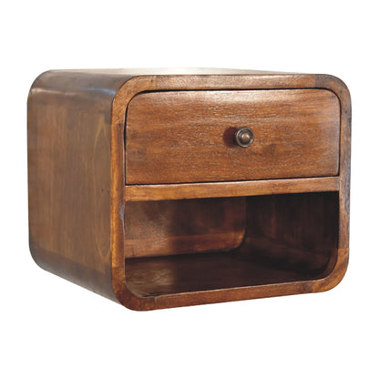 mini curved chestnut wall mounted bedside with open slot