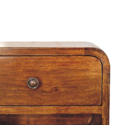 mini curved chestnut wall mounted bedside with open slot