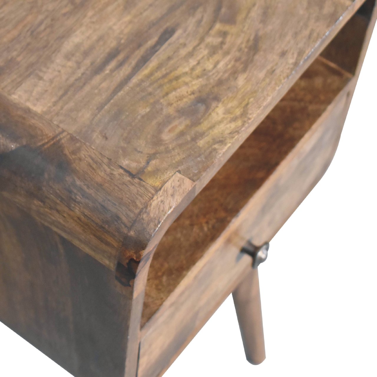 mini curved grey washed bedside with open slot