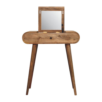mini oak ish dressing table with foldable mirror