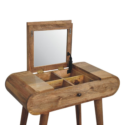 mini oak ish dressing table with foldable mirror