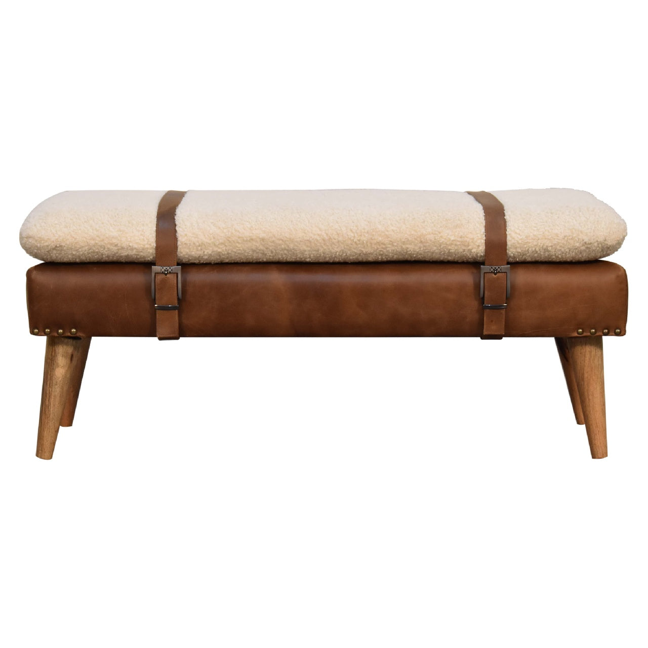 boucle buffalo hide leather bench