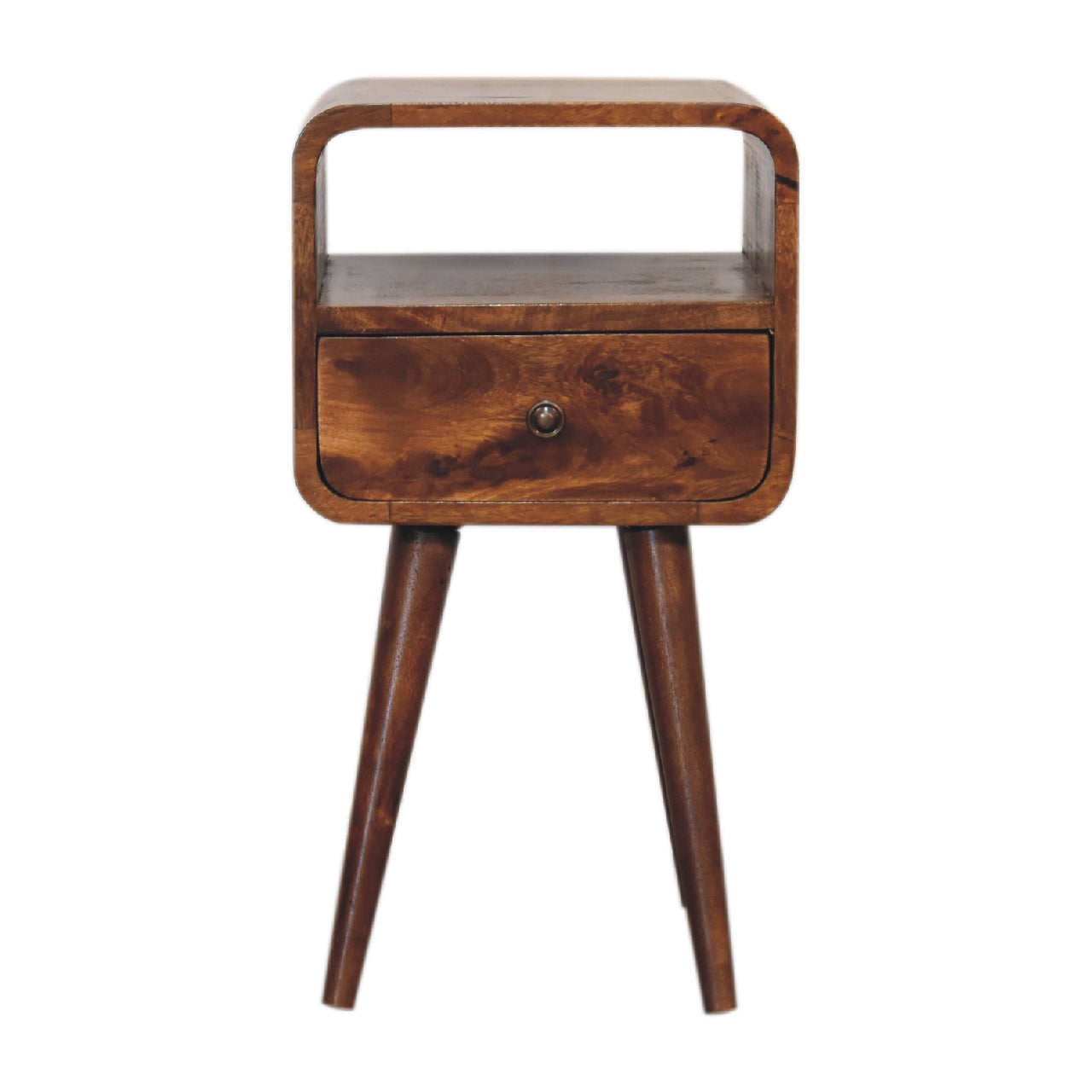 mini chestnut curved bedside with open slot