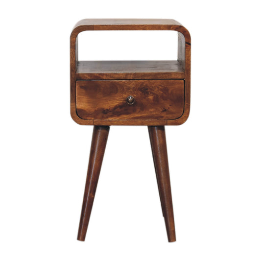 mini chestnut curved bedside with open slot
