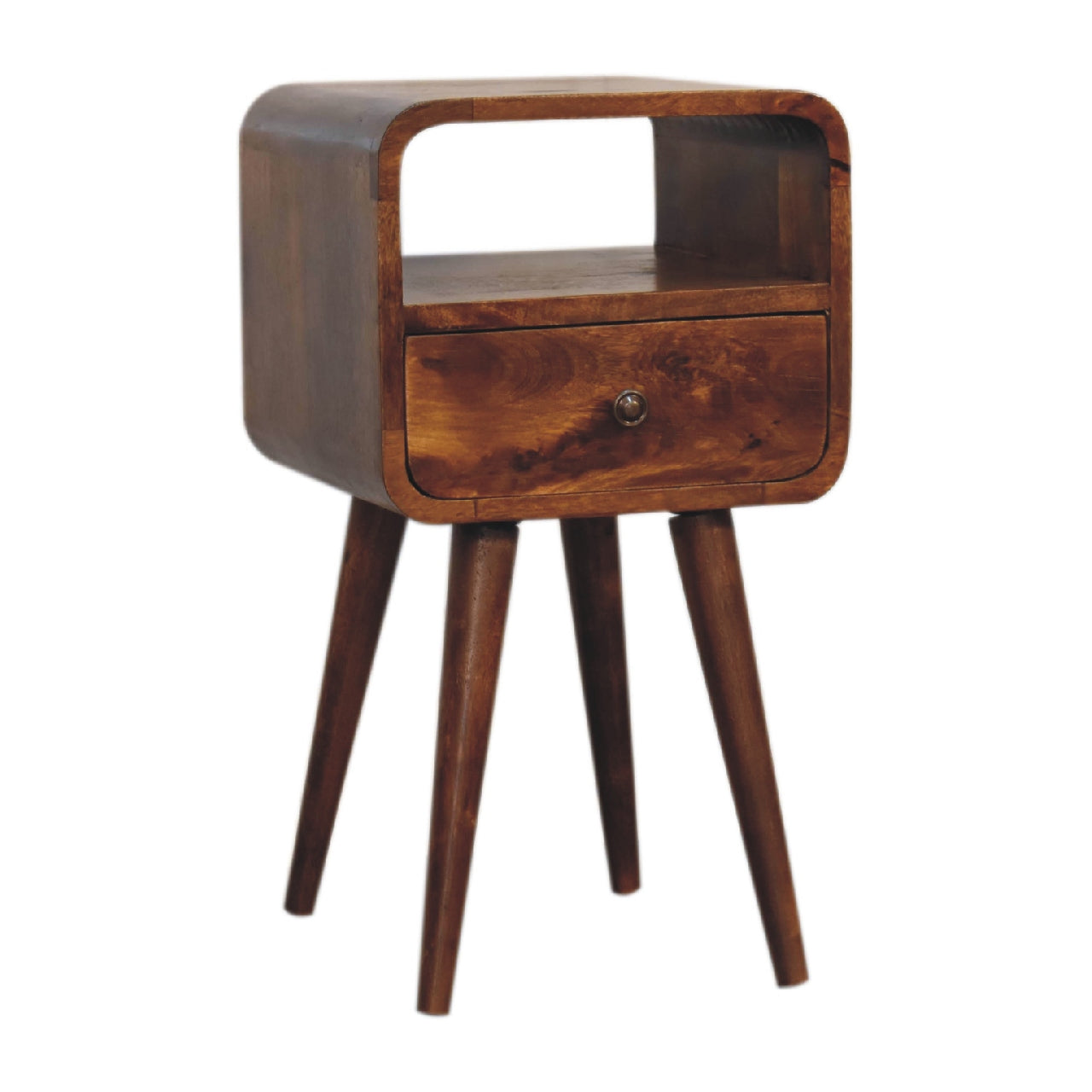 mini chestnut curved bedside with open slot