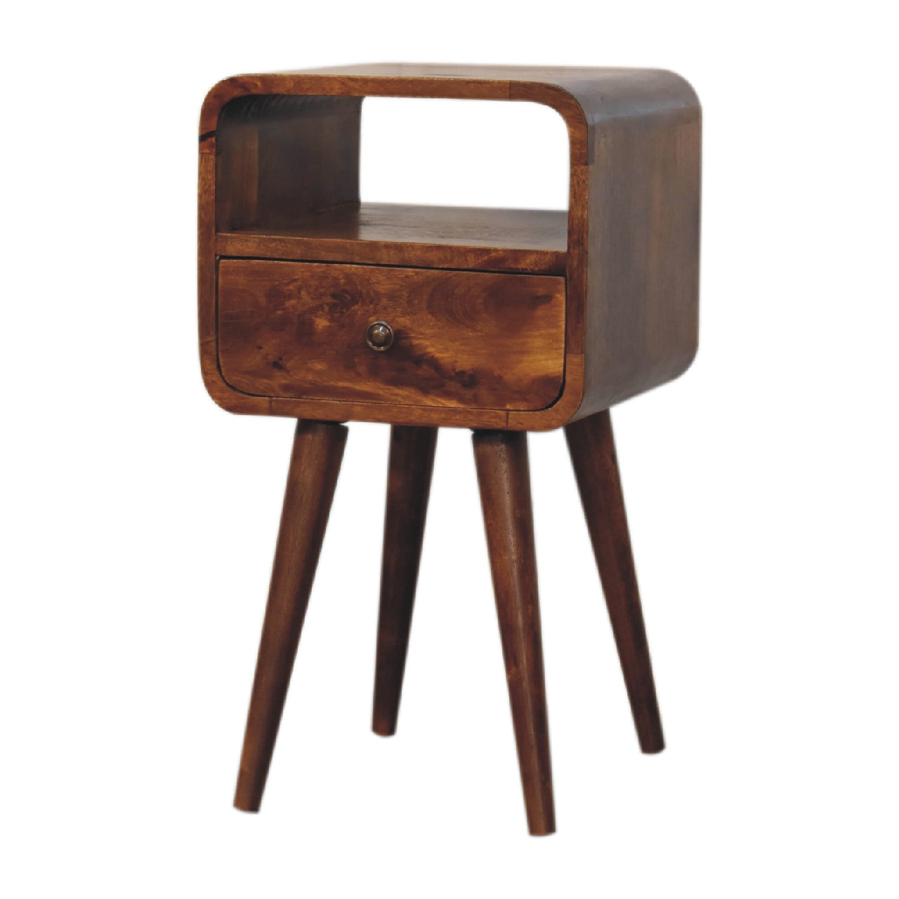 mini chestnut curved bedside with open slot