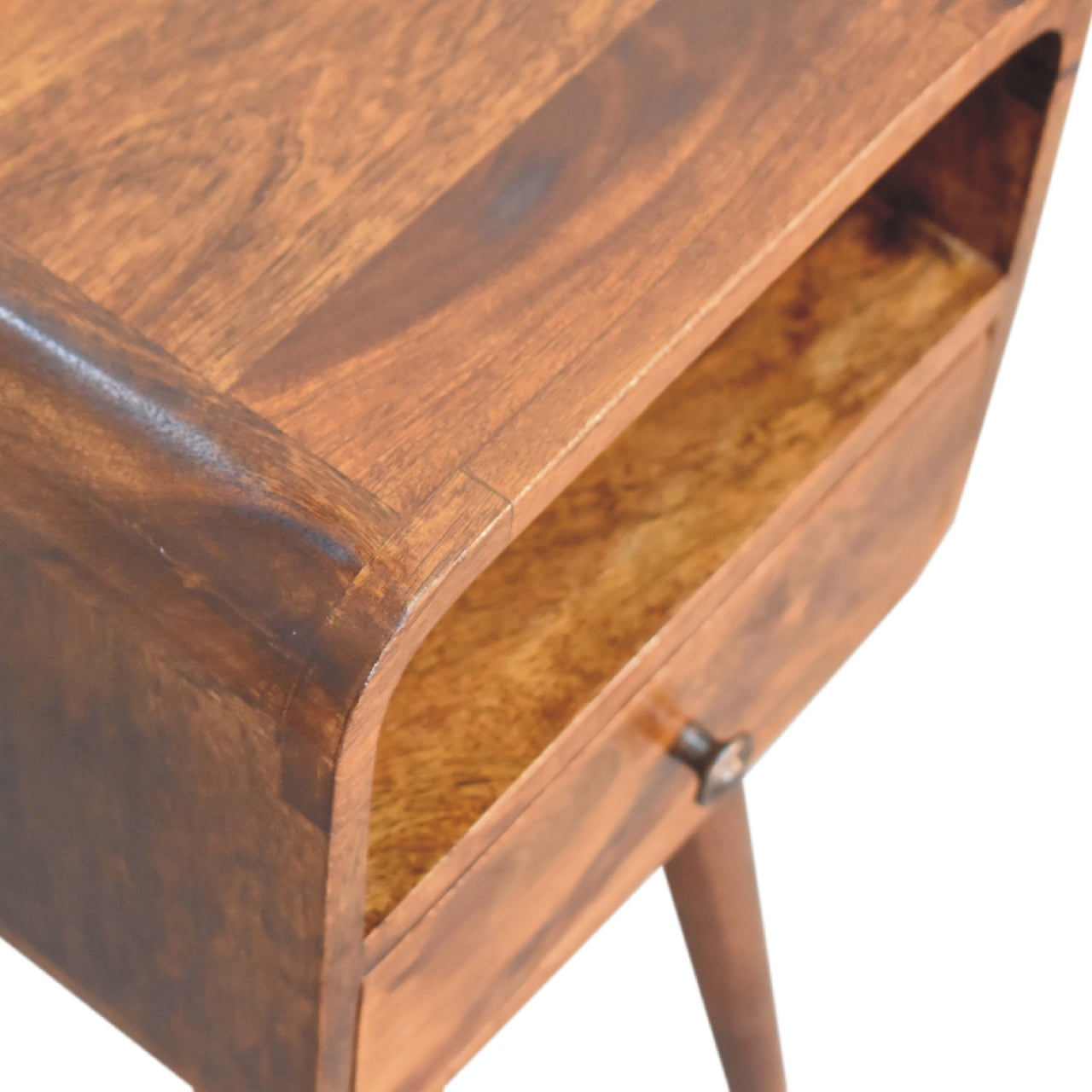 mini chestnut curved bedside with open slot