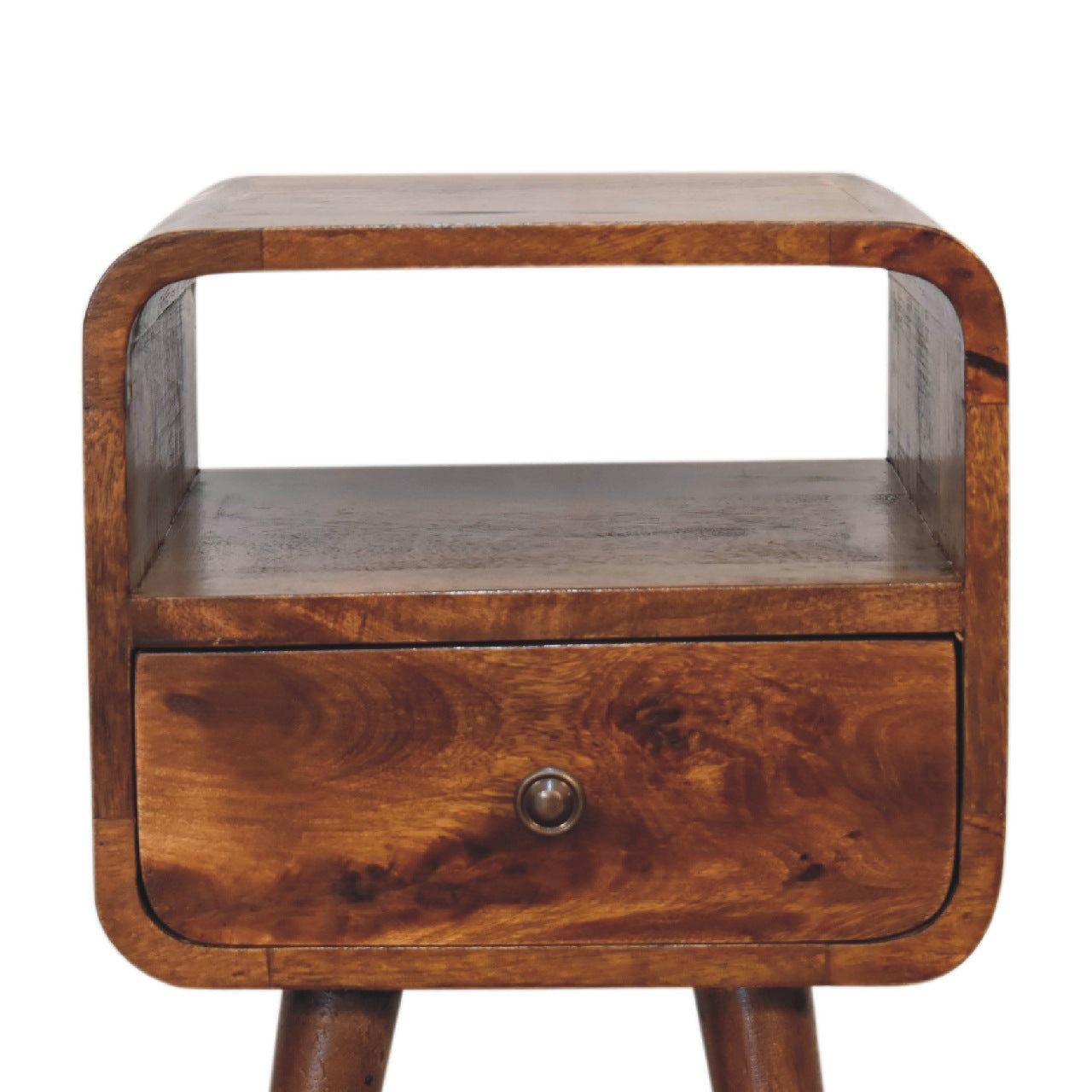 mini chestnut curved bedside with open slot