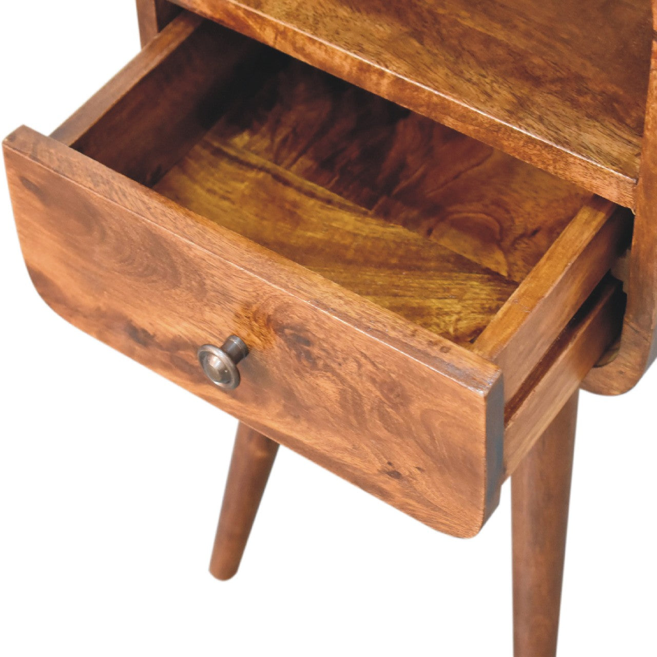 mini chestnut curved bedside with open slot