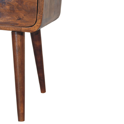 mini chestnut curved bedside with open slot